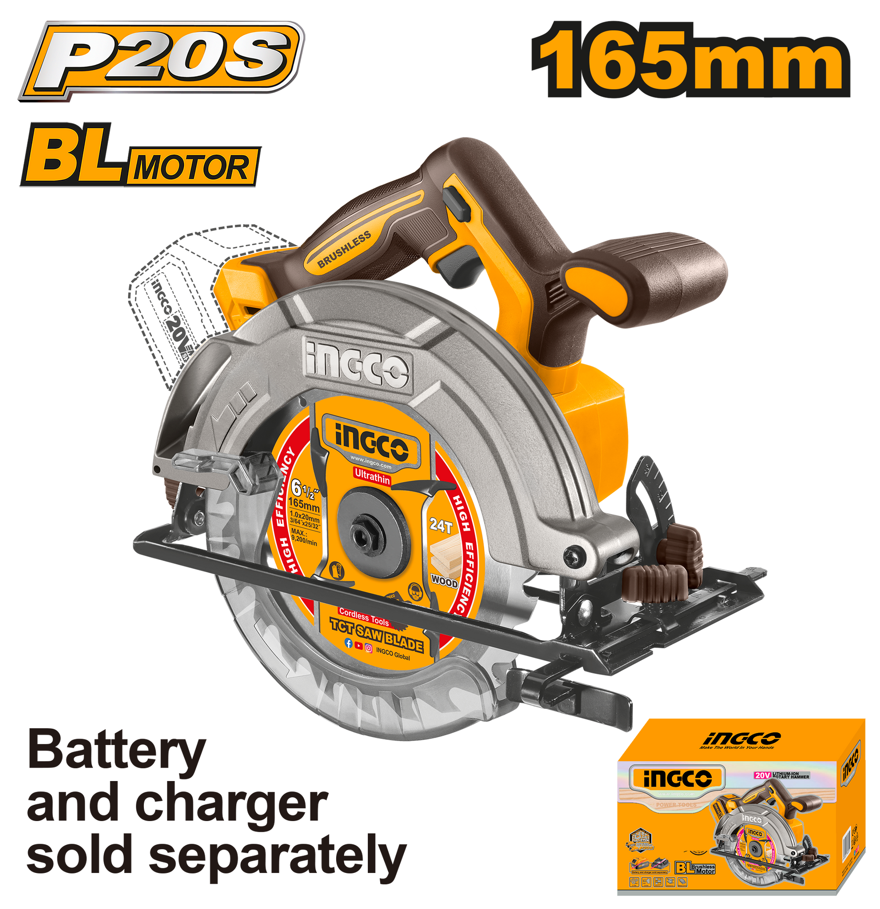 Ingco 20V 165MM Cordless Circular Saw