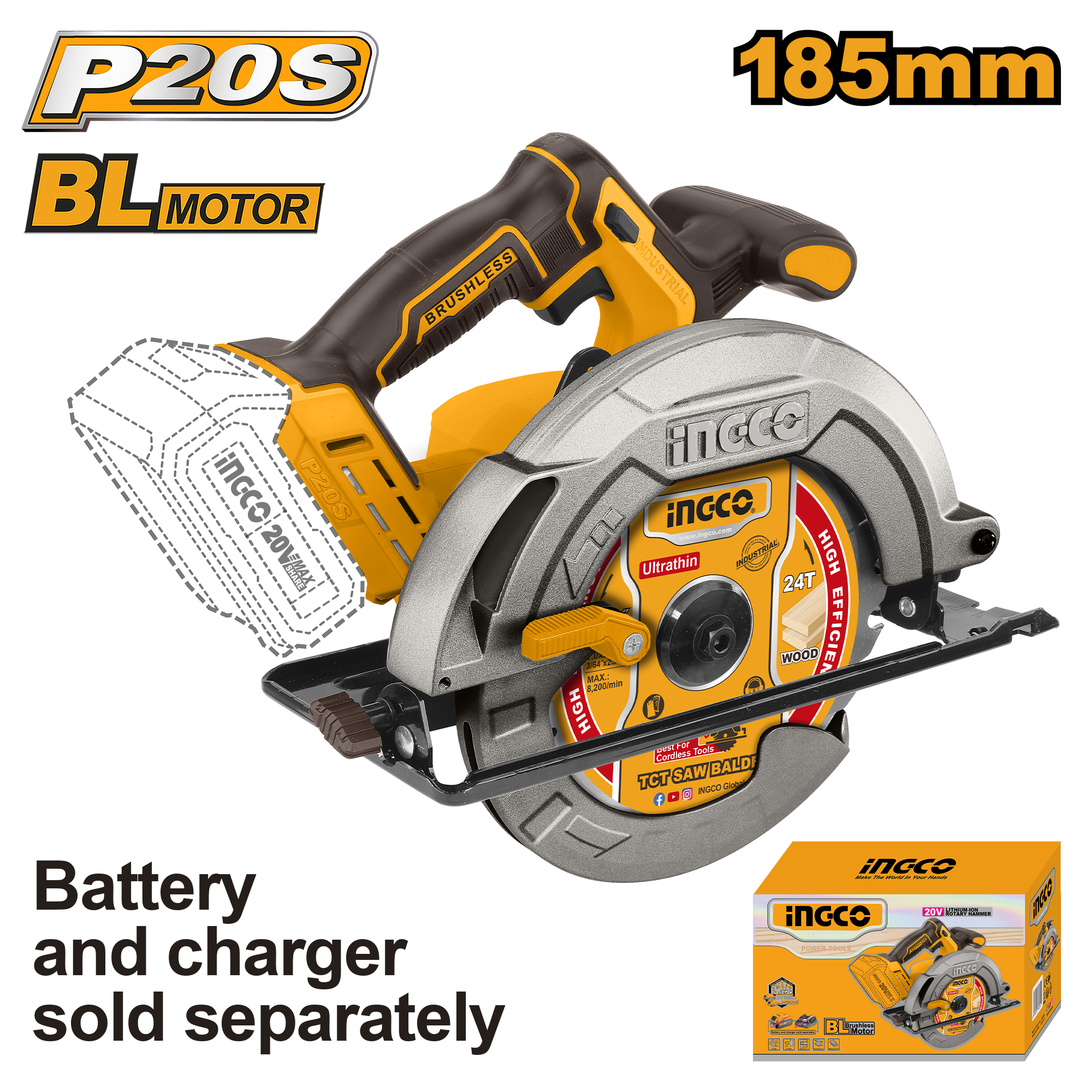 Ingco 20V 185mm Cordless Circular Saw