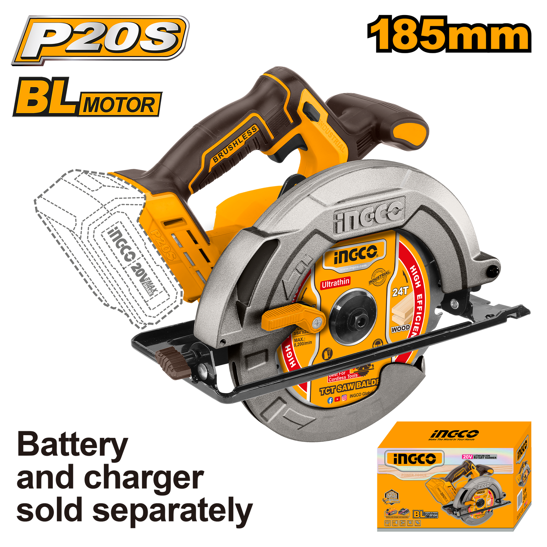 Ingco 20V 185mm Cordless Circular Saw