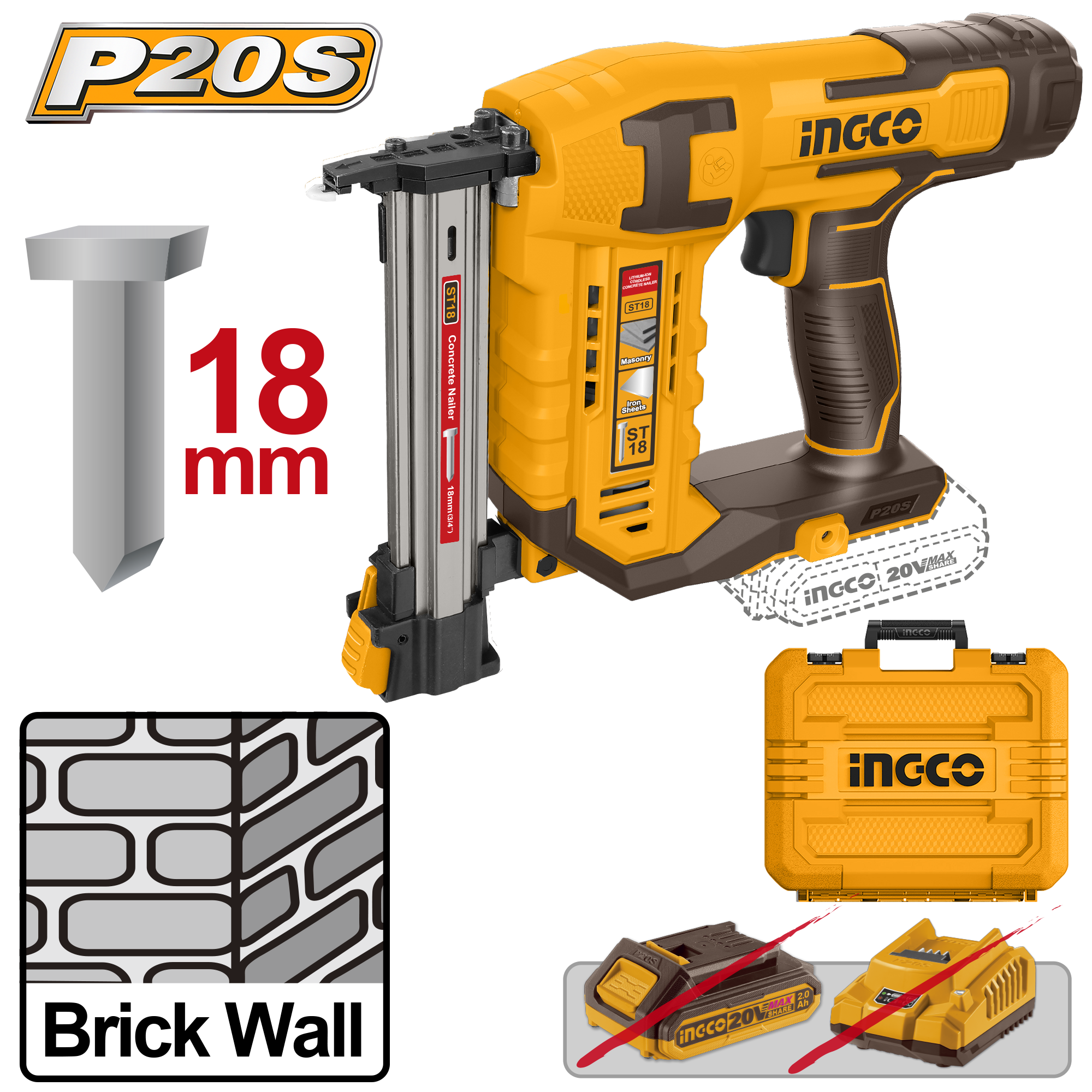 Ingco 20V Cordless Concrete Nailer ST18m